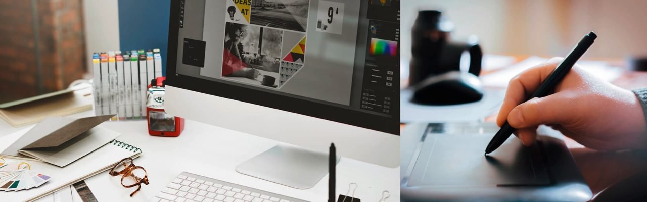 Überblick verschiedener Drucksorten mit durchgängigem rotem Faden im Grafikdesign