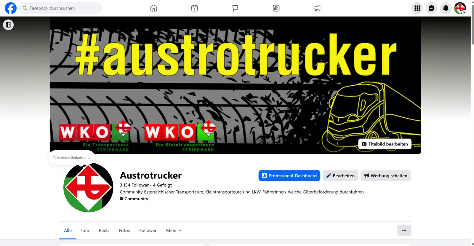 Facebook-Seite Austrotrucker in der Desktop-Ansicht mit gelb-schwarzem Titelbild