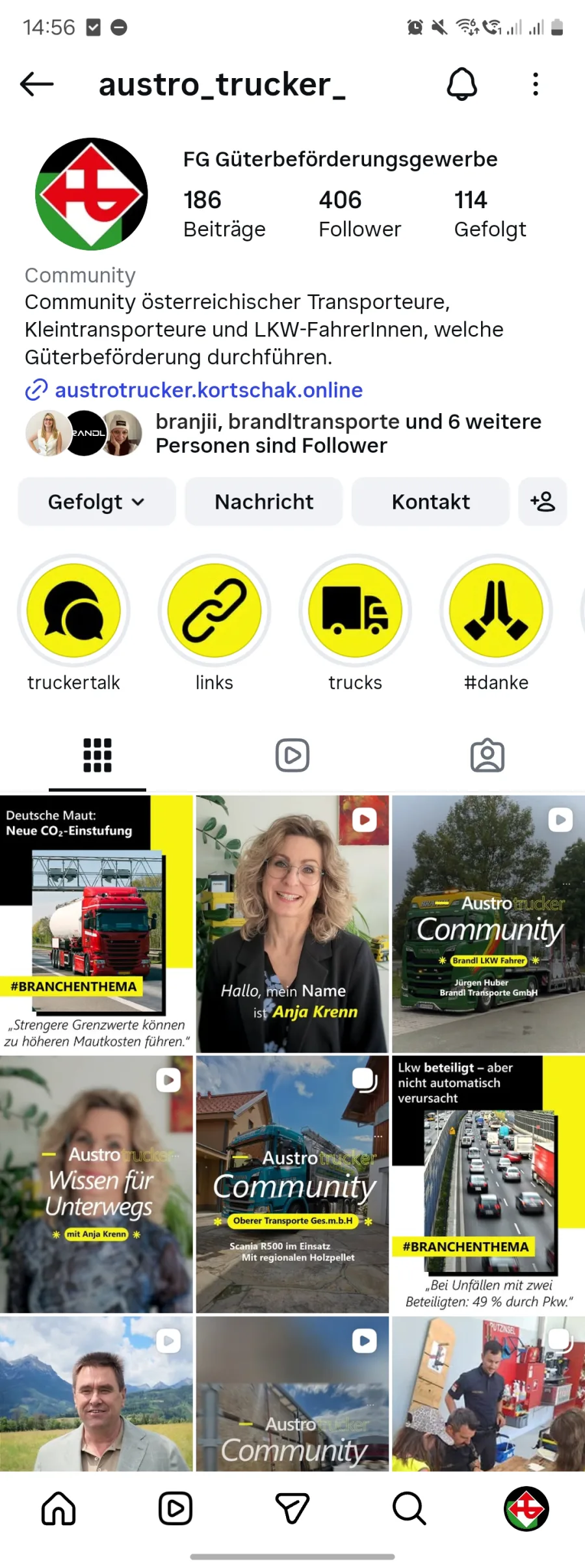 Austrotrucker-Instagram-Profil mit Story-Highlights und einheitlich gestaltetem Beitragsraster