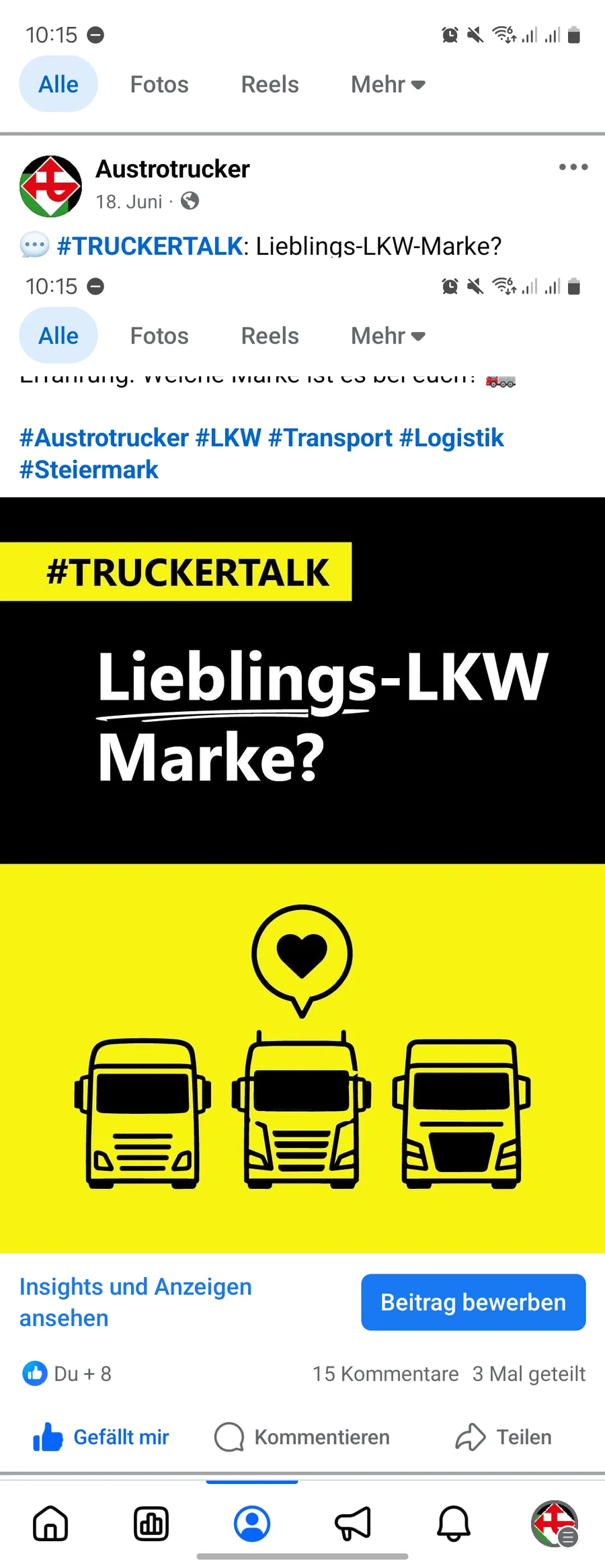 Facebook-Beitrag des Formats Truckertalk mit der Frage nach der Lieblings-Lkw-Marke