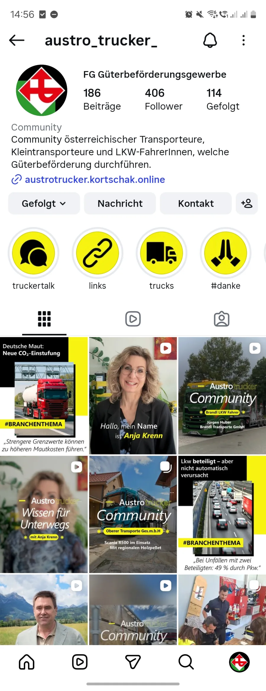 Instagram-Profil austro_trucker_ mit Beitragsraster im gelb-schwarzen Austrotrucker-Design
