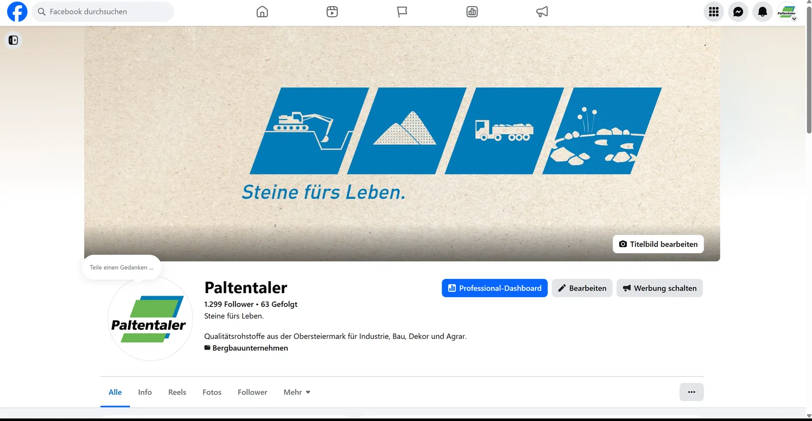 Facebook-Seite Paltentaler in der Desktop-Ansicht mit dem Titelbild Steine fürs Leben