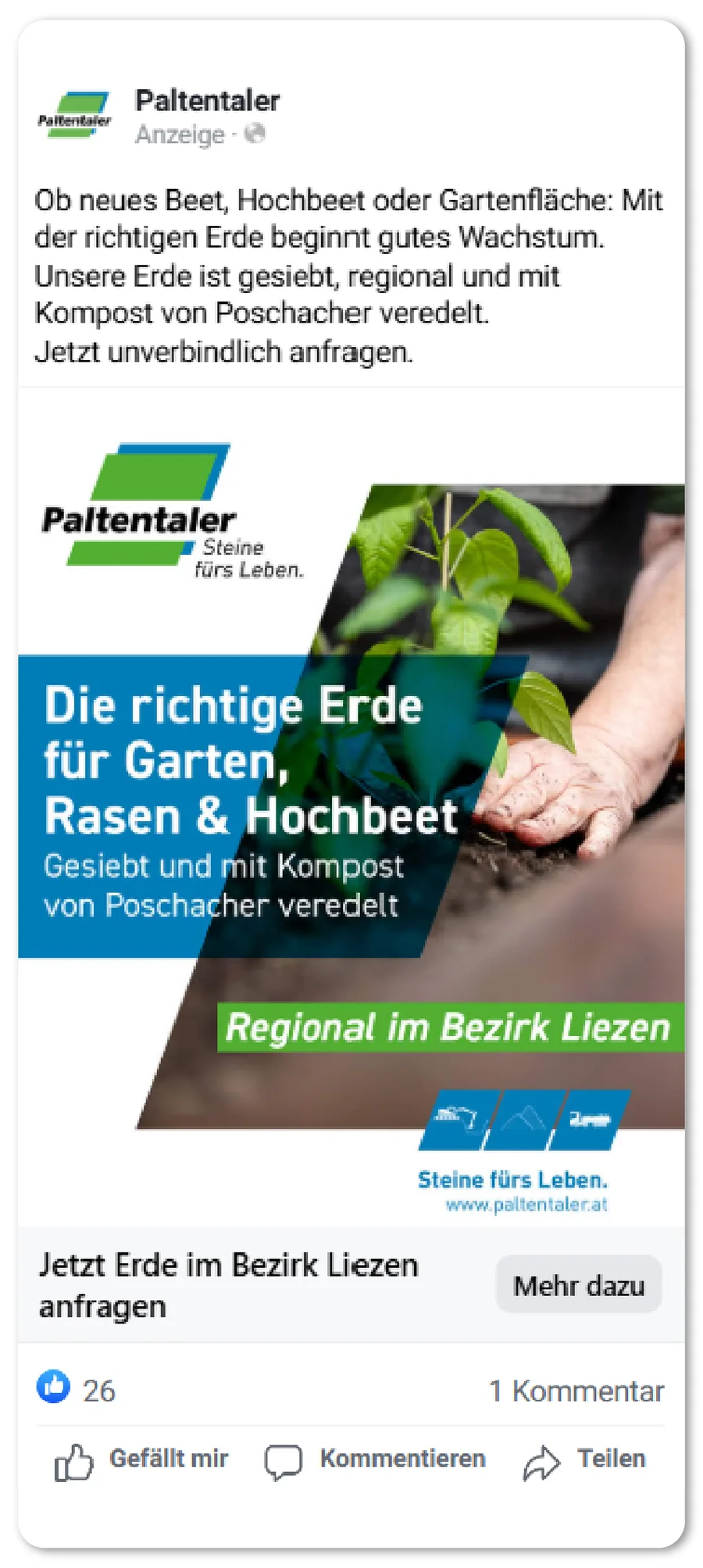 Facebook-Anzeige der Erde-Kampagne: Die richtige Erde für Garten, Rasen und Hochbeet
