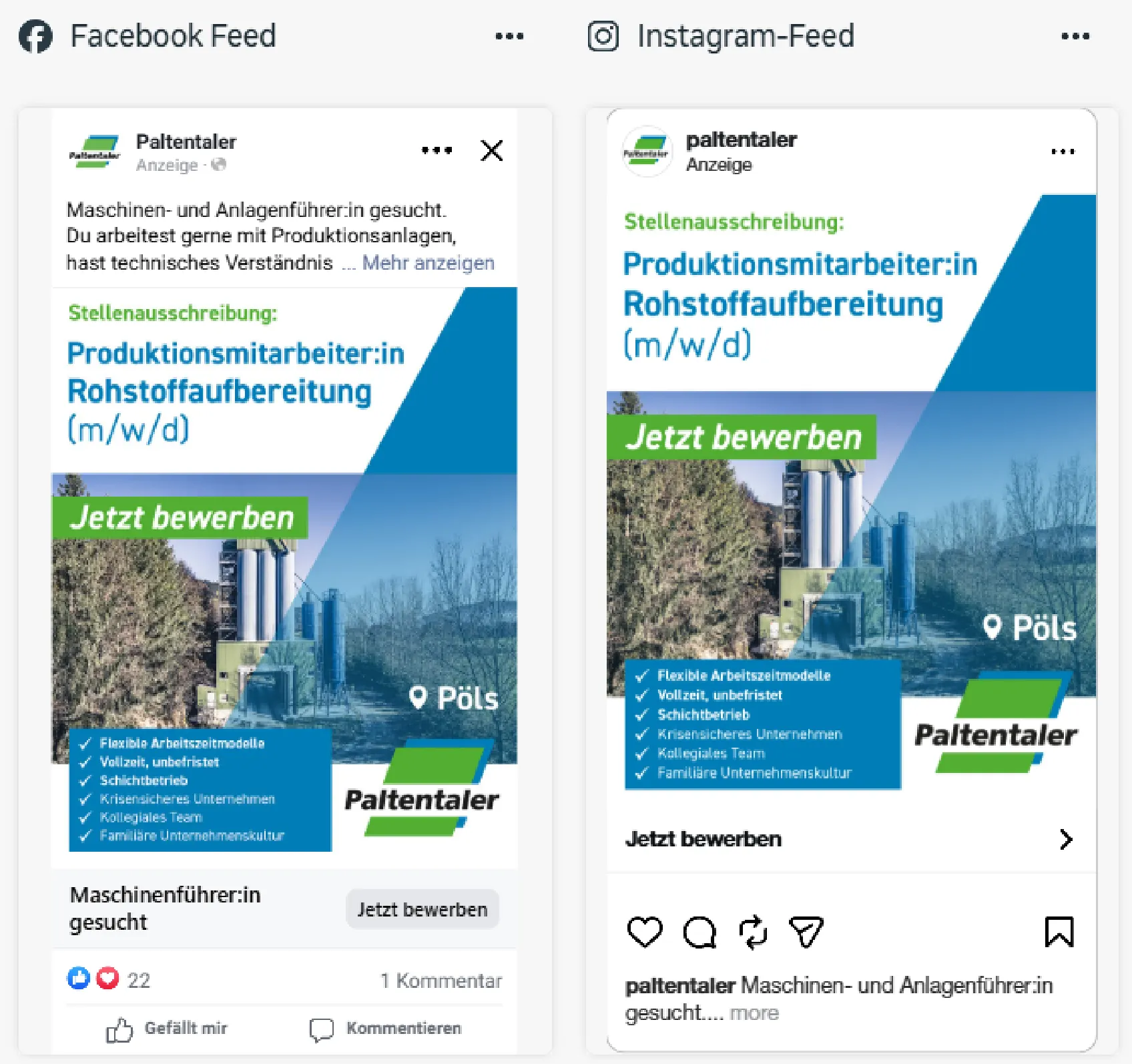 Recruiting-Anzeige Produktionsmitarbeiter:in Rohstoffaufbereitung im Facebook- und Instagram-Feed