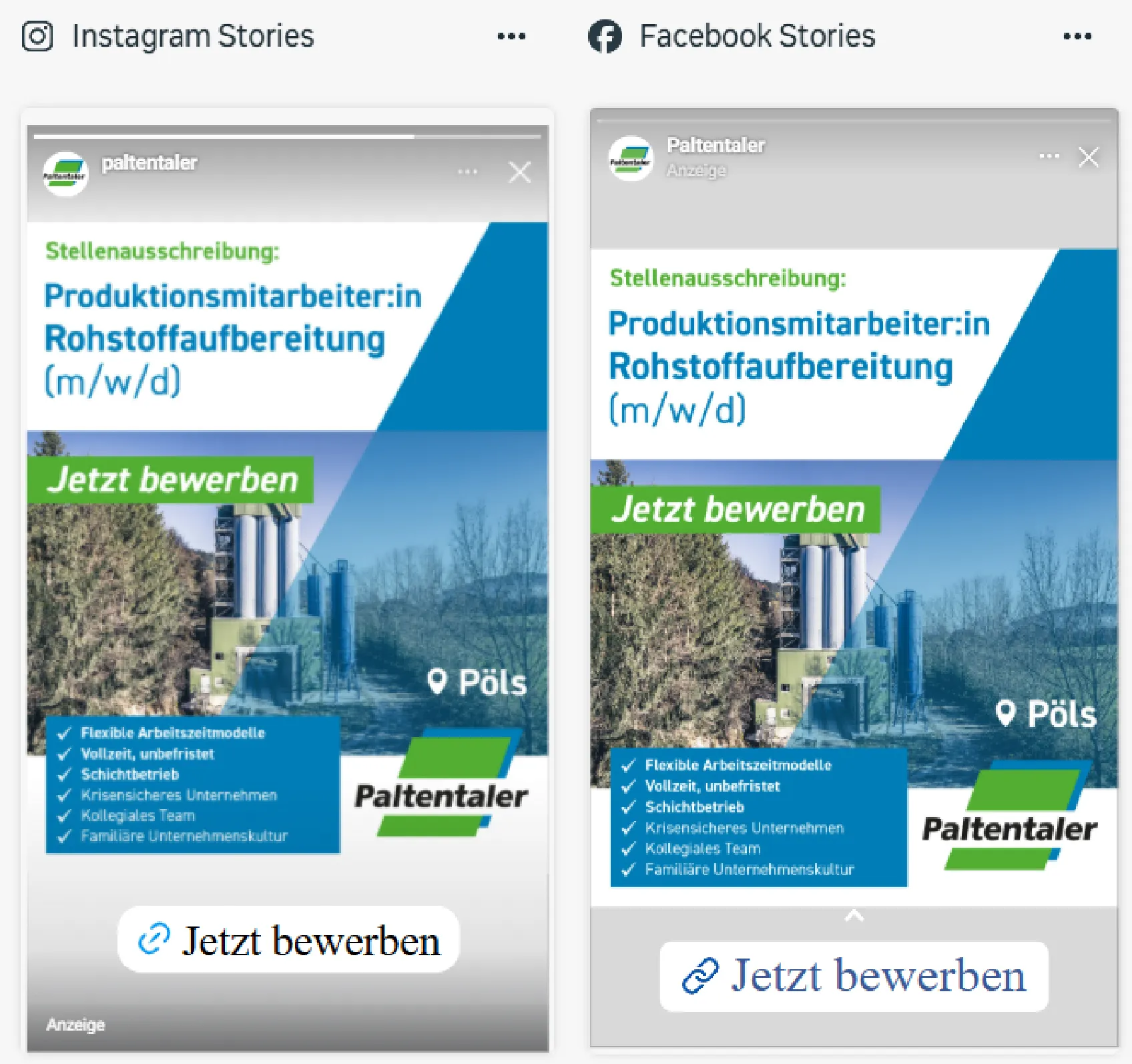 Dieselbe Stellenanzeige als Instagram- und Facebook-Story
