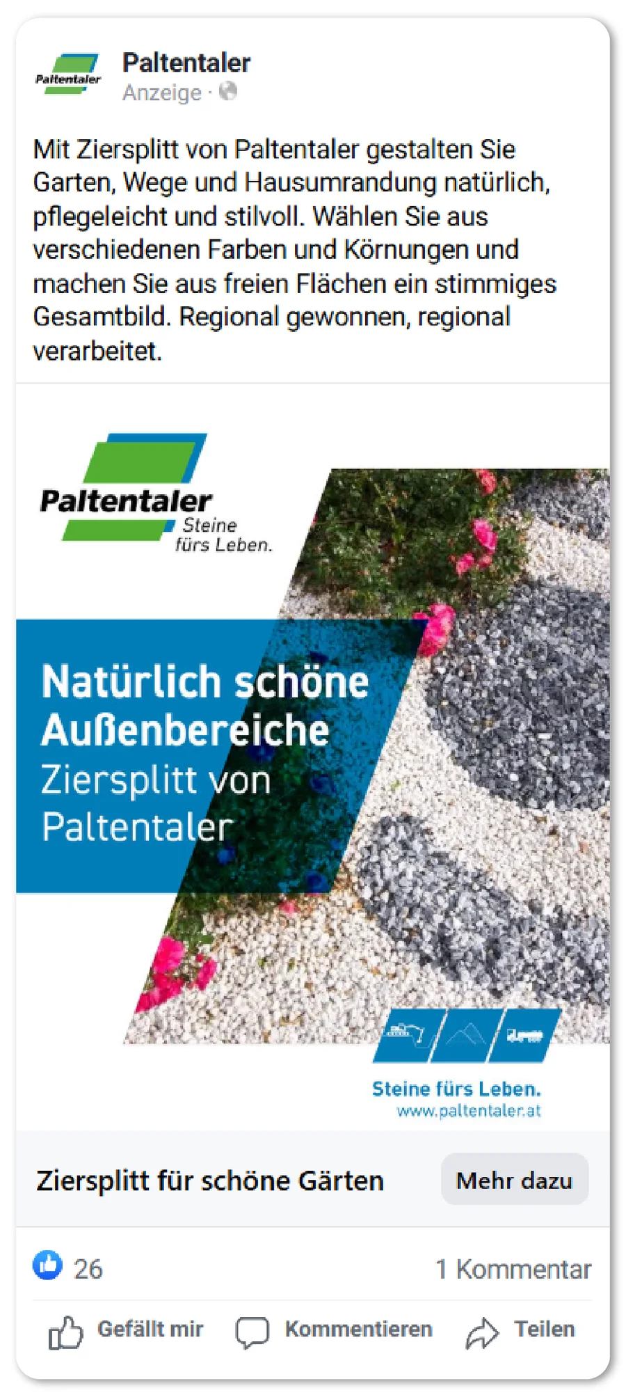 Facebook-Anzeige der Ziersplitt-Kampagne: Natürlich schöne Außenbereiche