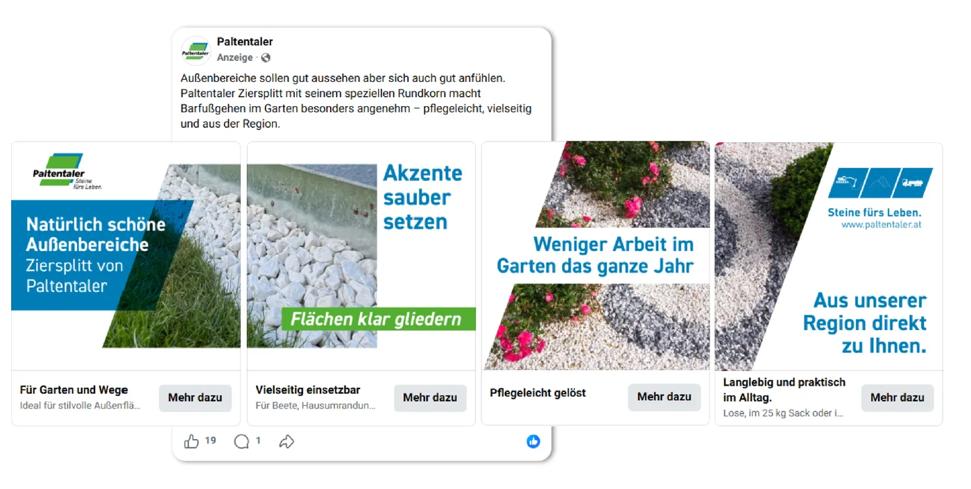 Anzeigenvarianten der Ziersplitt-Kampagne im Facebook-Feed