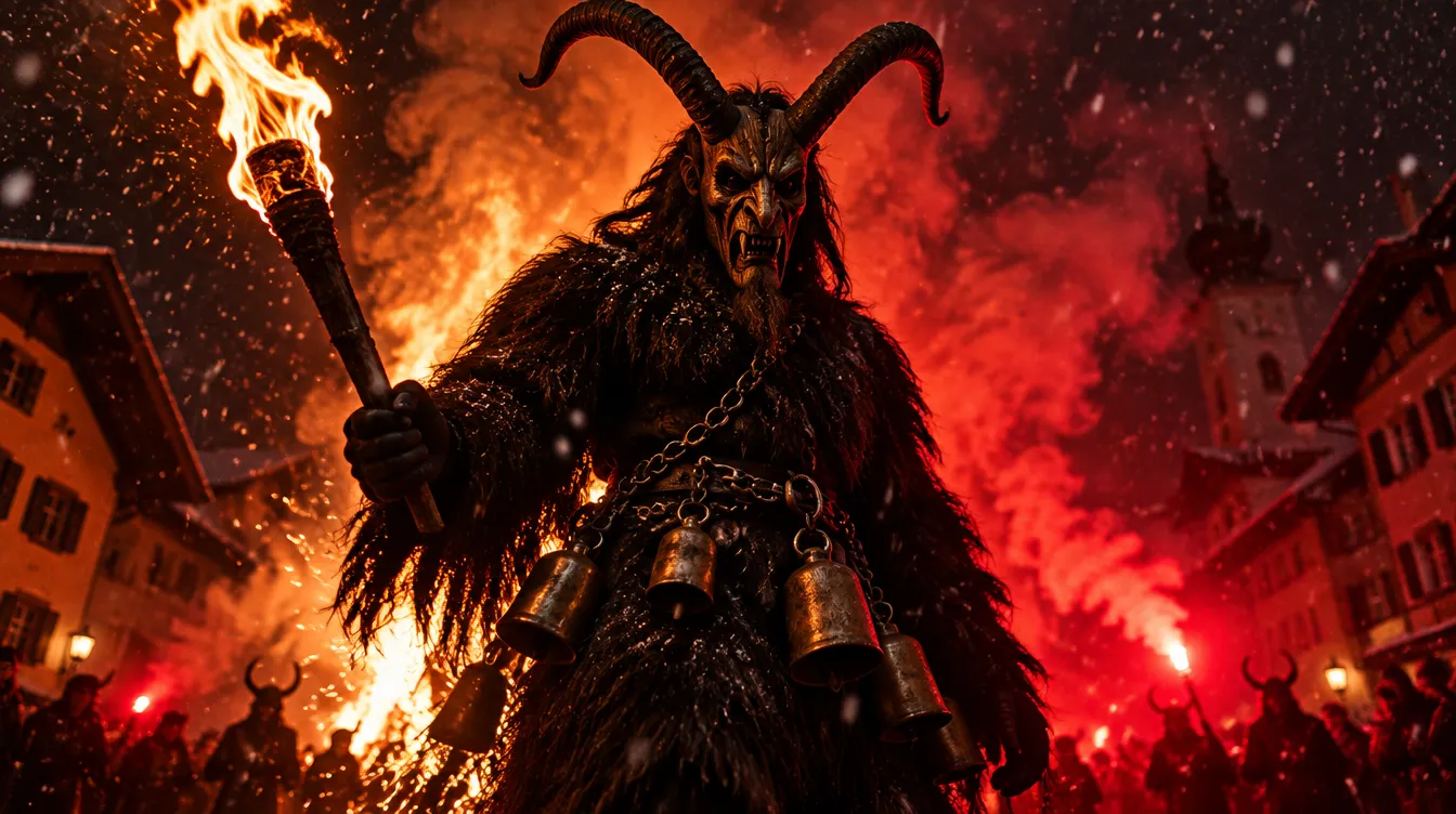 Krampus mit Fackel und Glocken bei einem nächtlichen Krampuslauf (Symbolbild)